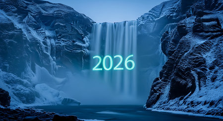 Icelandic winter wonderland waterfall snowy cliffside scene. Captivating water features set alongside blue glowing year 2026 number.の素材