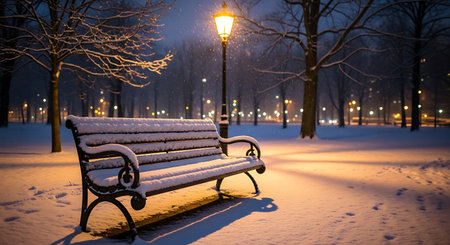 Snowy park bench under streetlight on winter night. Serene atmosphere and urban landscape scene in a cold city park apparent.の素材