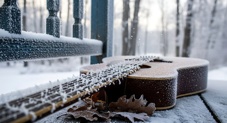 Frozen guitar winter scene snow covered instrument music leisure frost ice outdoors still life peaceful acoustic strings.の素材