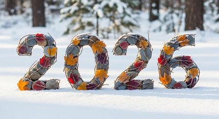 Festive 2026 new year number decoration winter scene. Features colorful leaves adornment amid snow-covered ground and trees.の素材