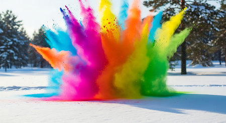 Powder explosion winter landscape fun Holi color snow fine art photography celebration cheerful bright expressive abstract blast.の素材
