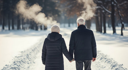 Senior couple hand in hand walking through snowy forest winter scene togetherness elderly pair stroll in winter landscape snow covered path.の素材