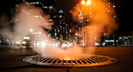 Steam rising manhole urban setting night cityscape sewer smoke environment infrastructure street lights cityscape abstract backgroundの素材