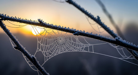 Icy spider web winter sunrise frozen dew drops glittering sunlight. Features branch silhouettes background in cold morning scene.の素材