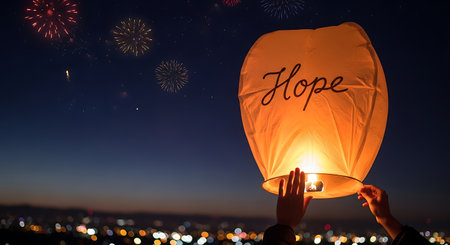 Releasing sky lantern hope written on paper lanterns at dusk festive celebration illuminated message celebration event at duskの素材