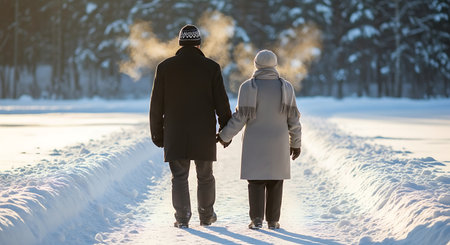 Senior couple stroll hand in hand on snow path. Sunny winter scene, back view. Frosty breath and love in a snowy landscape.の素材
