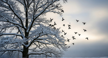 Winter tree and birds silhouetted against cloudy sky on snowy landscape. Peaceful nature scene with seasonal cold weather apparent.の素材
