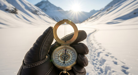 Compass pointing towards mountains snow covered peaks adventure exploration discovery determination finding direction in winter wilderness.の素材