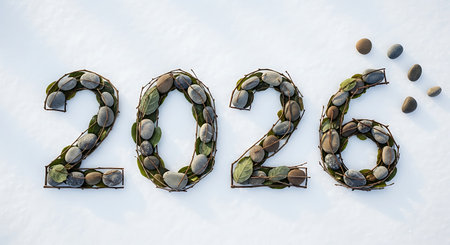 Year 2026 crafted stones leaves White snow backdrop Future date creative composition Natural elements arranged display New year comingの素材