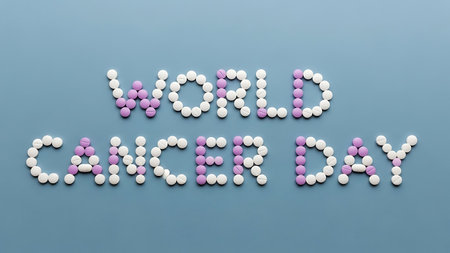 Celebrating world cancer day, message created with white and purple pills on light blue surface, global health awareness eventの素材
