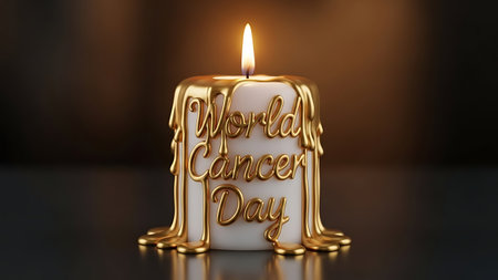 World Cancer Day text on a lit candle with melting golden wax. Symbolizes hope, remembrance, and the fight against cancer.の素材