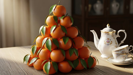 Perfect pyramid of fresh tangerines, adorned with vibrant green leaves, stands as a symbol of prosperity on a rustic wooden table. Nearby, an elegant white teapot and delicate teacups invite contemplation, creating a harmonious and tranquil setting. This arrangement embodies traditional chinese new year wishes for abundance and peace.の素材