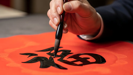 Hand expertly writes chinese calligraphy for good fortune on vibrant red paper. Traditional brush strokes create an elegant, meaningful symbol.の素材
