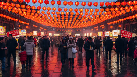 people walking through chinese new year market street with red lanterns. Crowds enjoying festive atmosphere during evening celebration. Traditional decorations illuminate pathの素材