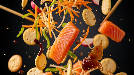 salmon filet with crackers flying with chopsticks. Asian food with vegetables and sauce levitating. Food levitation concept of fresh and delicious meal. Black background studio shotの素材