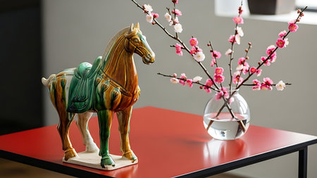 Elegant Tang dynasty horse statue, with its distinctive saddle and vibrant green and brown glaze, stands proudly on a rich red table. Beside it, delicate cherry blossom branches bloom in a clear glass vase, adding a touch of serene beauty. This artistic composition blends historical artistry with natural elegance, creating a tranquil scene.の素材
