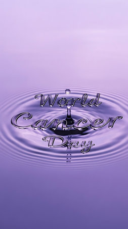 World cancer day concept featuring text formed by a water drop, creating a ripple effect on a serene purple liquid surface, symbolizing hope.の素材