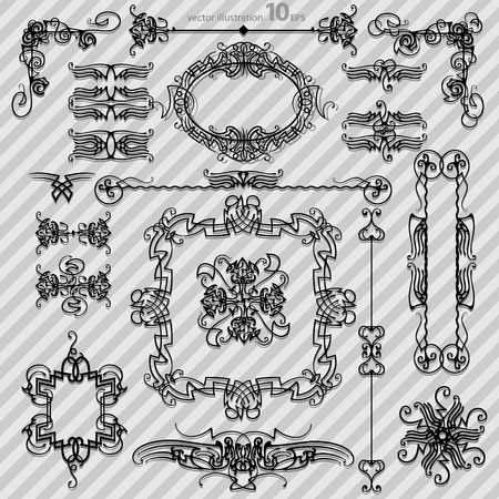 set of black decorative horizontal floral elements, corners, borders, frame .Page decorationの写真素材