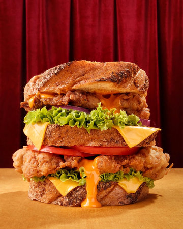 Big hamburger with cheese, lettuce, tomato and onion on a red backgroundの写真素材