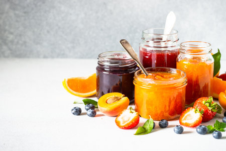 Homemade apricot jam in glass jars and fresh berries on white backgroundの写真素材