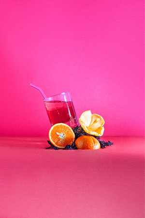 Tangerine juice in a glass with a straw on a pink backgroundの写真素材