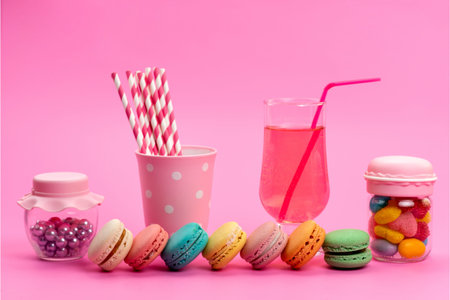 Colorful macaroons and drinking straws on pink background.の写真素材