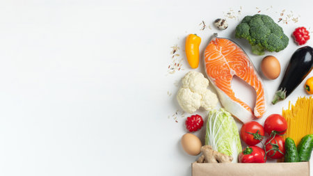 Healthy food selection on white wooden background. Top view, copy spaceの写真素材
