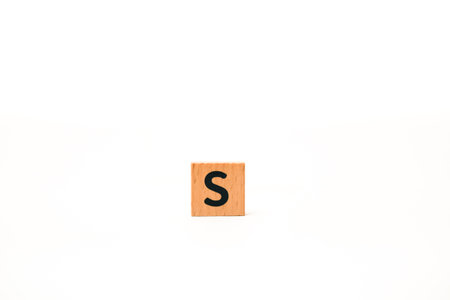 Isolated wooden block with the letter 'S' on a white background for learning and designの写真素材