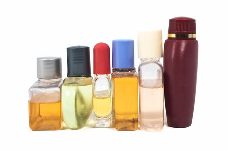 Small shampoo bottles isolated on white backgroundの写真素材