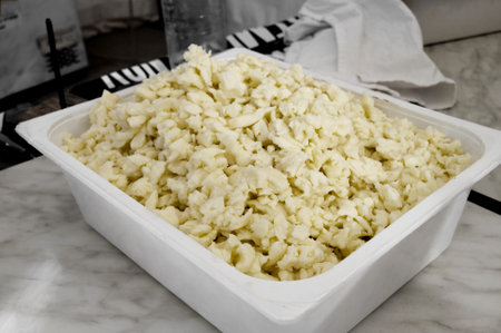 Italian mozzarella cheese cut and ready as pizza ingredientの写真素材