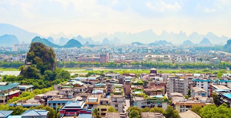 Guilin city view with mountains in background, Chinaの写真素材