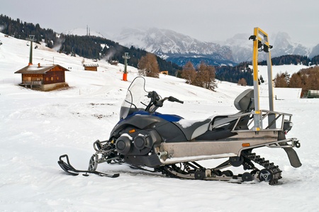 Empty Snowmobile on alps in winter time, Dolomitiの写真素材