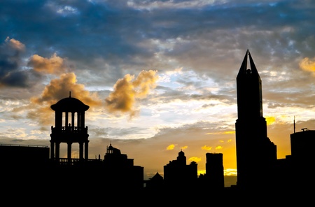 Shanghai skyscraper silhouette old and new architecture at dusk with cloudsの写真素材