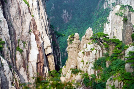 Scenic Huangshan mountain complex from atop a peak in Chinaの写真素材