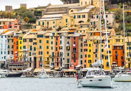 View from the sea of Portovenere harbor, Liguria, Italyの写真素材