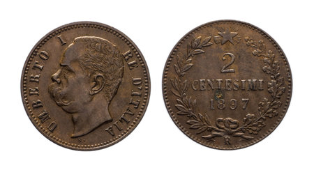 Two cent of Lira copper Coin 1897 King Umberto I , Kingdom of Italy isolated on white, Umberto I...