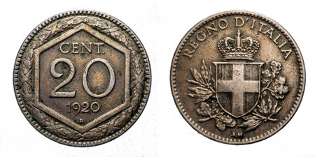 Twenty 20 cents Lire Silver Coin 1920 Exagon on front and Crown Savoy Shield on back, Vittorio...
