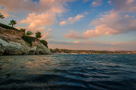 Beautiful sunset on Cyprus, blue water and pink skiesの写真素材