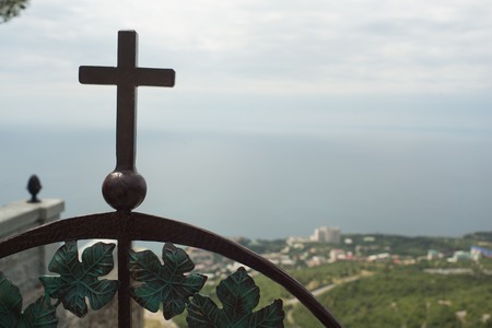 Arch with cross in the landscape Crimeaの写真素材