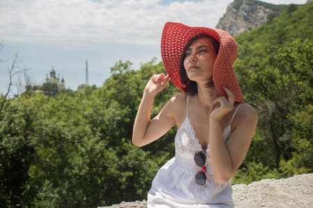 beautiful woman in a pink skirt fashion in the fairy forestの写真素材