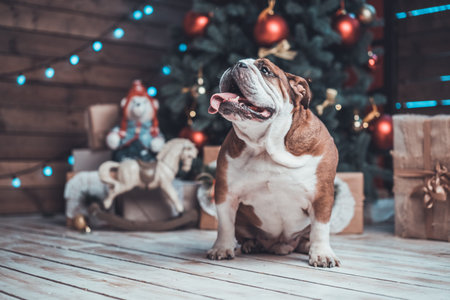 English bulldog with gifts uner xmas tree