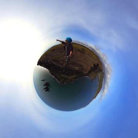 Man on top of mountain. Conceptual scene.の写真素材