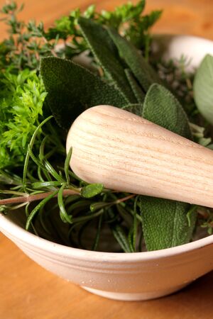Selection of herbs in a pestle and mortarの写真素材