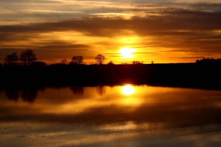 Flood in a field at sunsetの写真素材