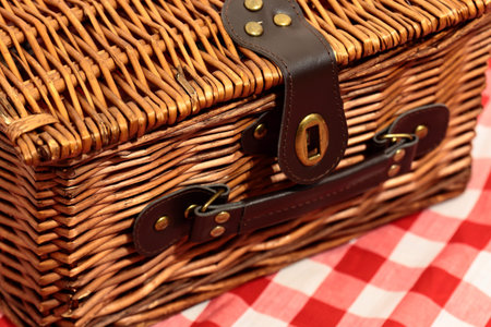 Picnic basket on a gingham backgroundの写真素材