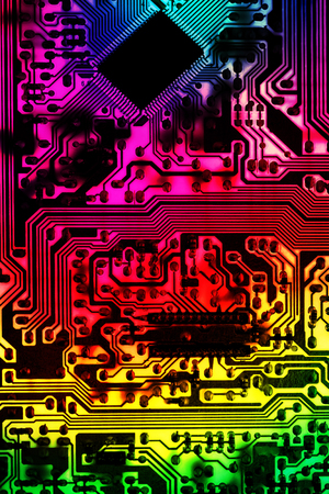 Abstract image of a circuit board with multi-coloured spectrum designの写真素材