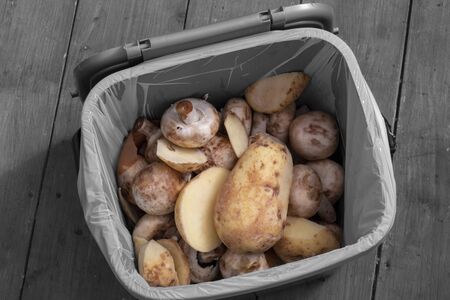 Food waste recycling bin container with rotten vegetables inside.  Food waste concept with selective colourの写真素材