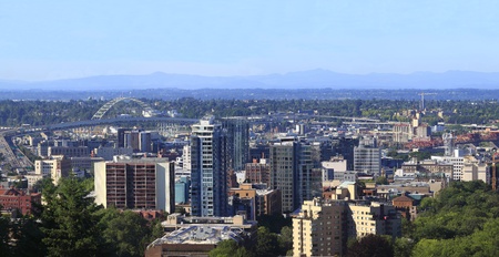Panorama of new High rise construction near the Fremont bridge, Portland Oregon.のeditorial素材