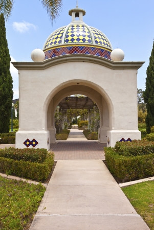 Balboa Park arches promenade and plants in San Diego California の写真素材