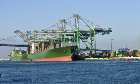 Cargo ships loading and unloading cargo in Long Beach industrial seaport 